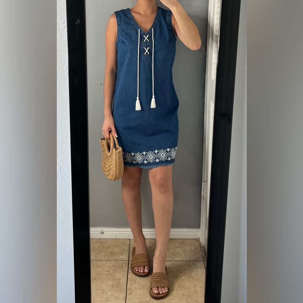 Chambray denim embroidered tassel vneck lace up shift mini dress S boho casual - Picture 5 of 12